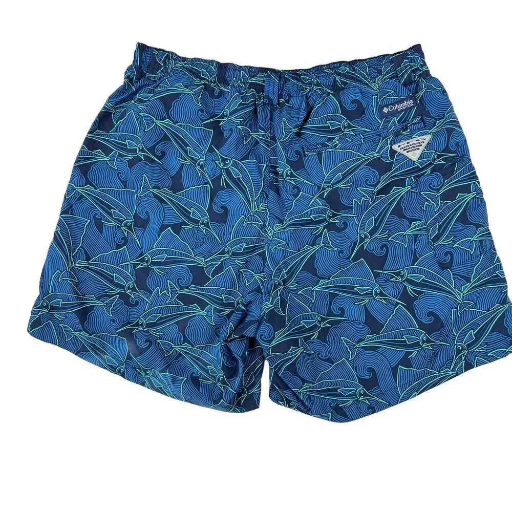 COLUMBIA Blue Marlin Print Swim Trunk Elastic Waist with Lining Size Medium‎